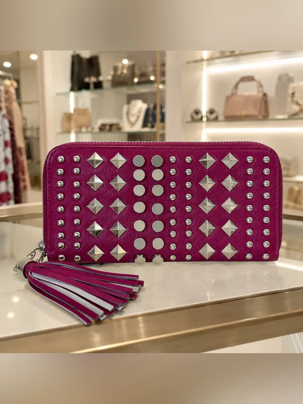 Fuchsia Pink Studded Zip Around Wallet Silver Hardware Tassel Y2K